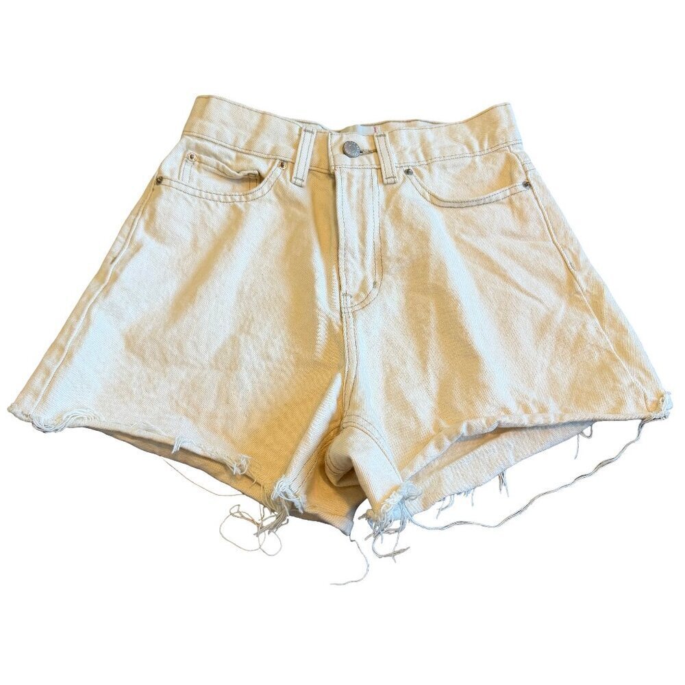 BDG Urban Outfitters High Waisted A-Line Shorts Cream Denim Distressed Size 25